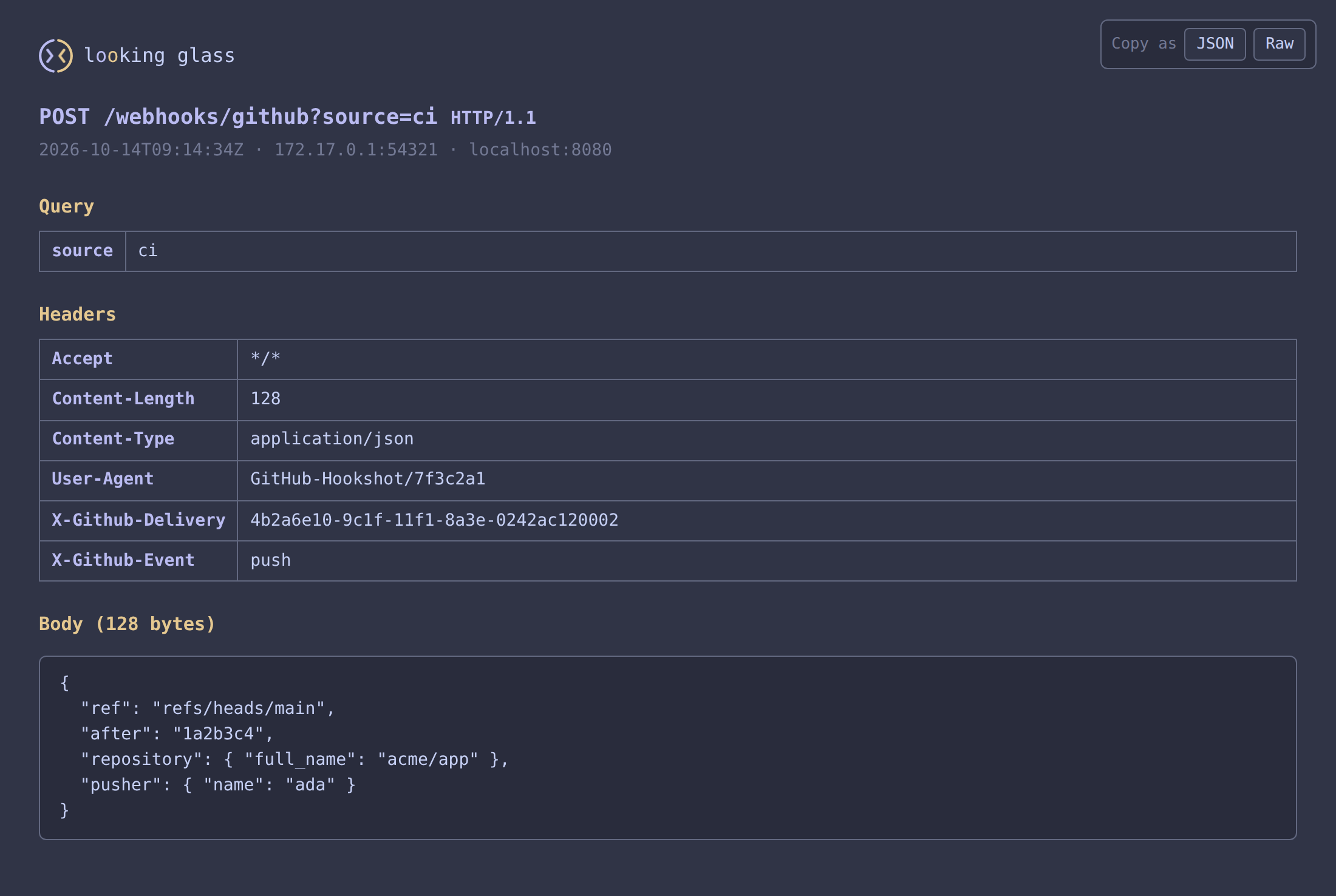 The HTML view of a GitHub push webhook: the request line, its query, headers and JSON body
